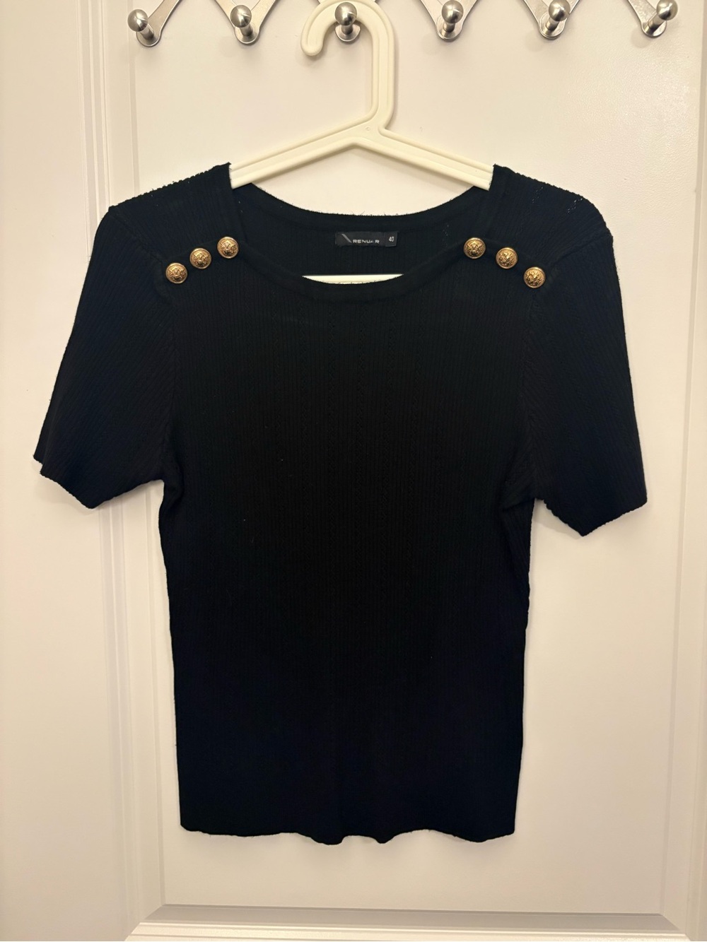 Black Ribbed Knit Short Sleeve Top with Gold buttons